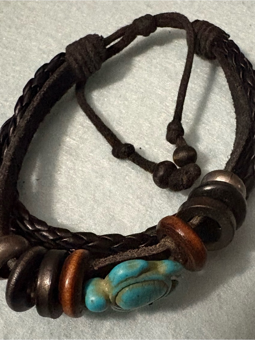 Handcrafted black Leather Bracelet with Turquoise Turtle Accent